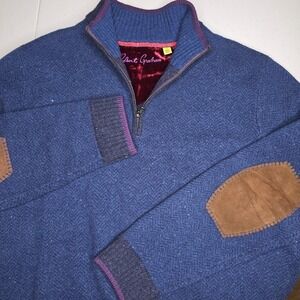 ROBERT GRAHAM Men's 1/4 Zip Blue Wool Sweater Suede Elbow Patches - 1755